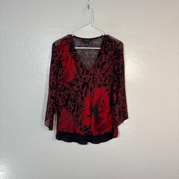 Citron Santa Monica Shirt Womens Small Red Black Silk Blend Sheer Floral V-Neck - Picture 1 of 8